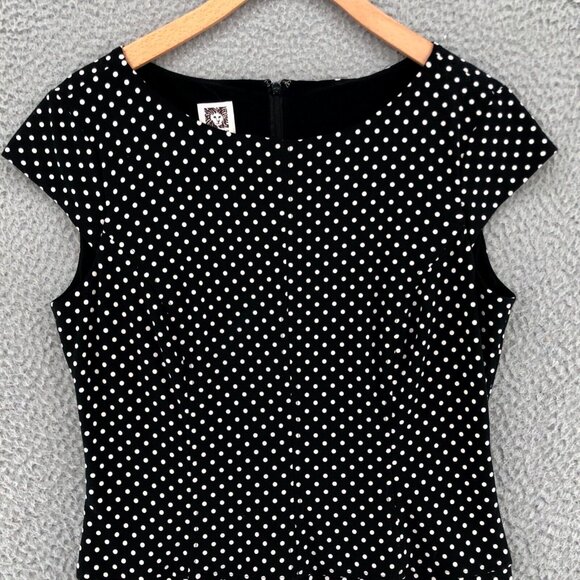 Anne Klein Dress Womens 6 Black Polka Dot Fit & Flare Knee Cap Sleeves Stretch - Picture 2 of 10